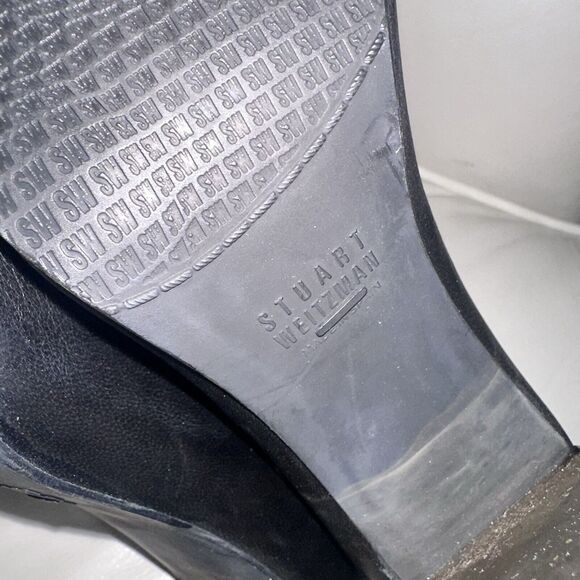 Stuart Weitzman Black Leather Ankle Boot Lucite Gold Block Heels Tie Back Size 9 - Picture 9 of 9